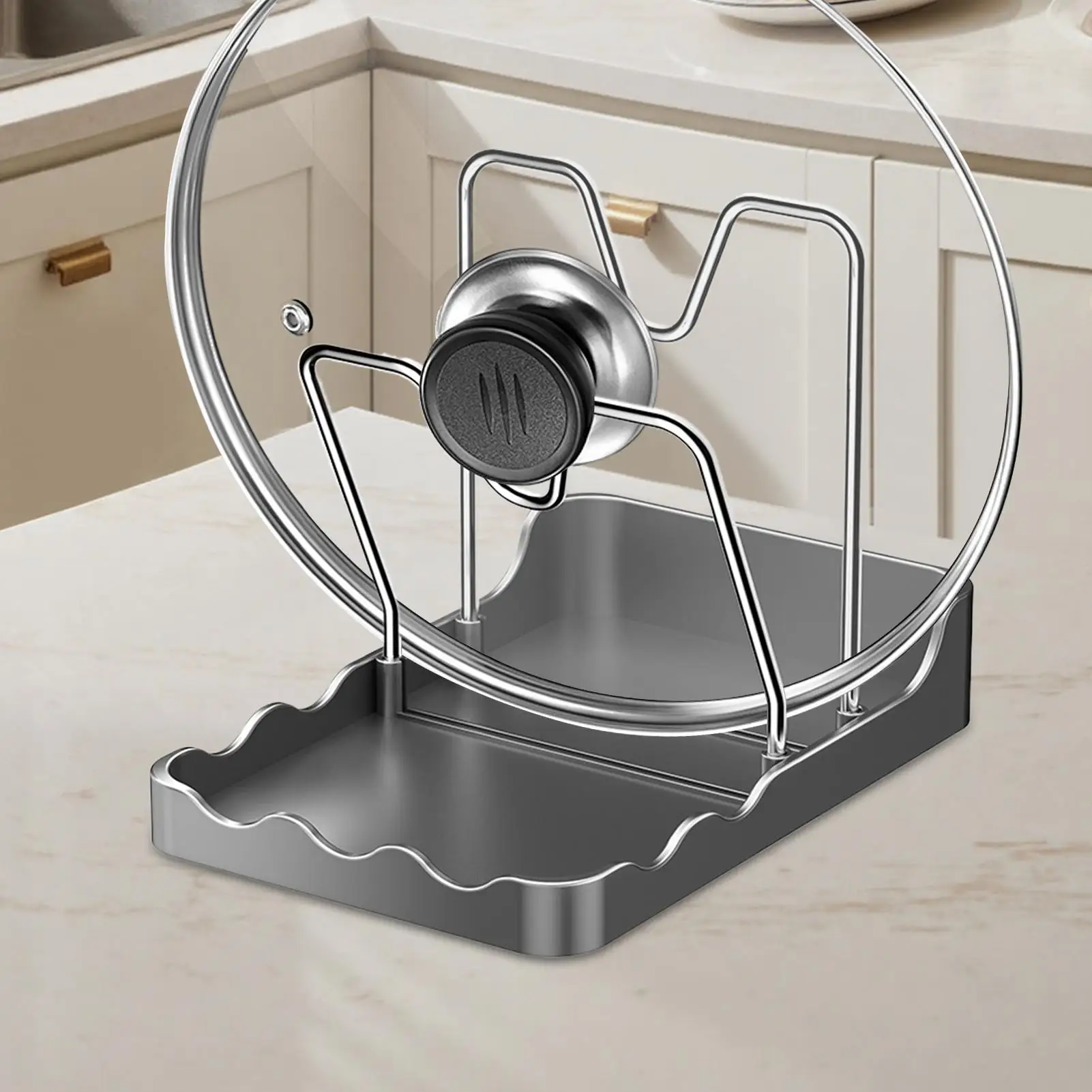 Topfdeckel-Organizer Vertikaler Löffelhalter mit Abtropfschale Edelstahl-Topfdeckel-Aufbewahrungsregal für Küche Backen Kochen Vorratskammer