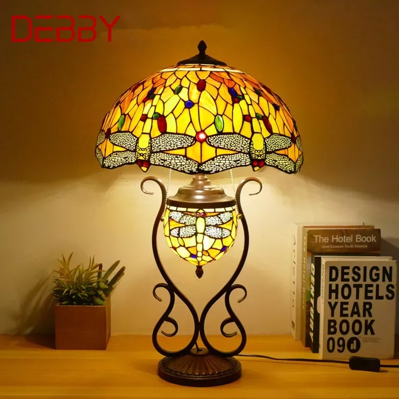 DEBBY lampa stołowa Tiffany amerykański Retro salon lampka do sypialni luksusowej willi hotelowej witrażowej lampy szklane biurko