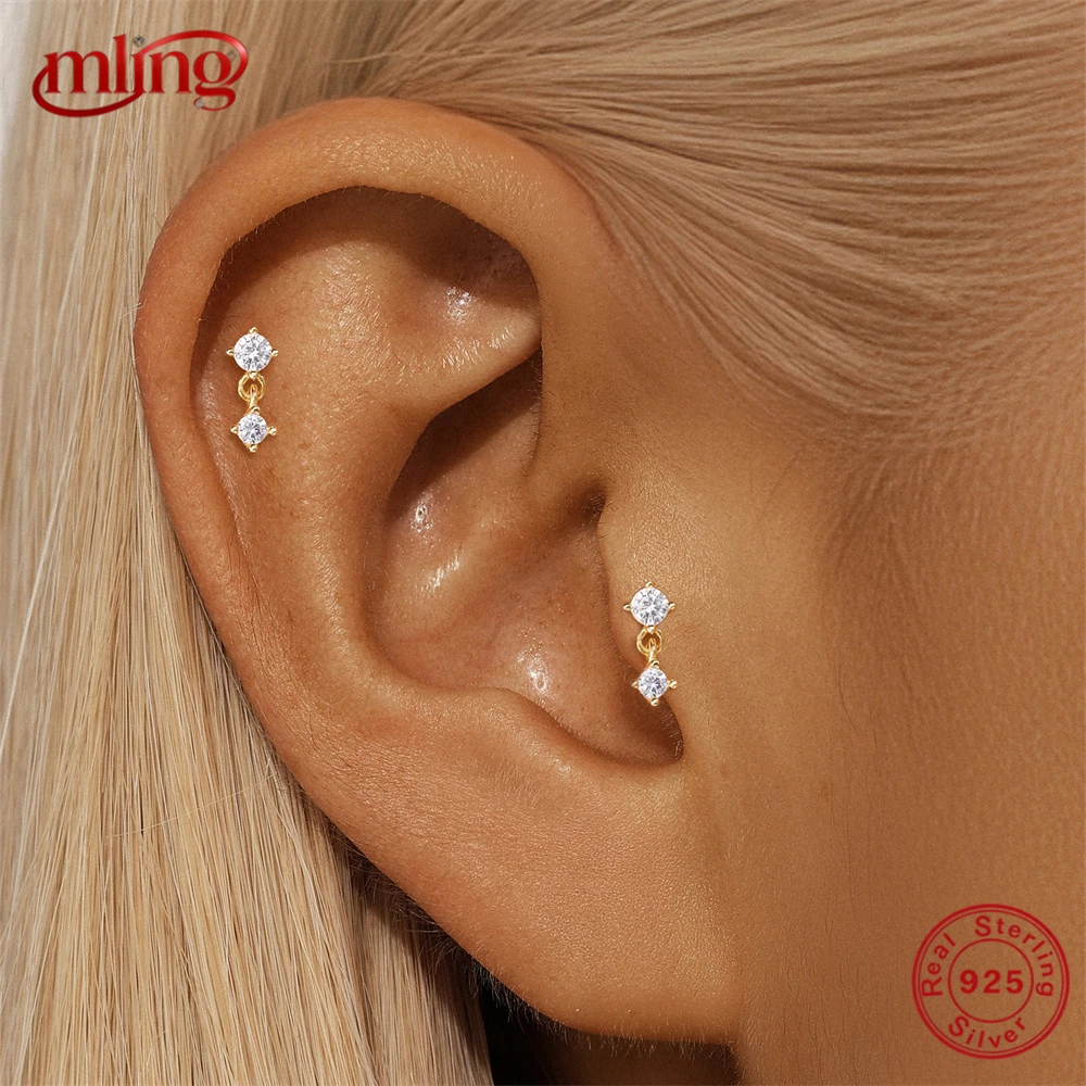 

MLING 1PC 925 Sterling Silver Mini Flat Back Piercing Earrings For Women INS 18K Gold Plated Classic Geometric Earrings Jewelry