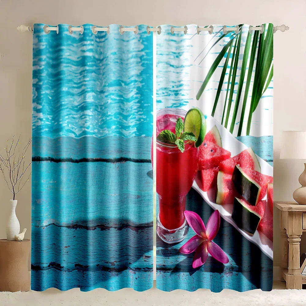 Drinks Window Blackout Curtains,Watermelon and Cold Drinks Overlooking Sea Blue Background,Coffee Wine Cocktail Print Curtains