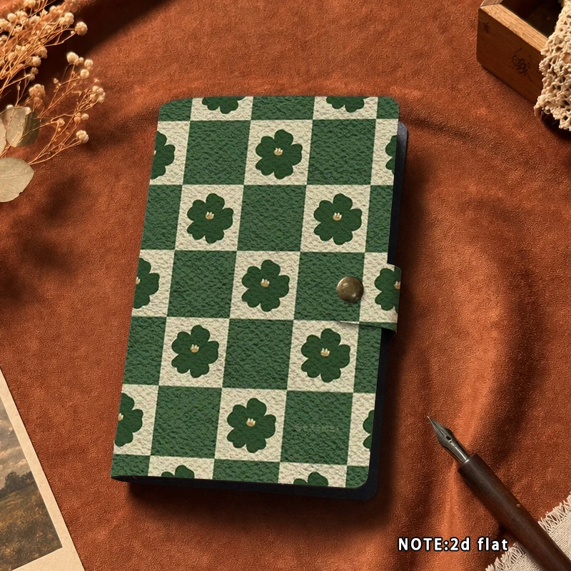 A6 Checkerboard Floral Loose-leaf Planner Green Plaid Clover Pattern Soft Cover Binder Notebook Metal Buckle Design Travel Writi