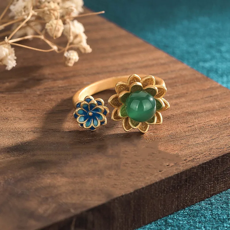 New Classical Natural Green Jade Ring Enamel Craftsmanship Ancient Gold Lotus Ring Vintage Chinese Style Women Rings Jewelry