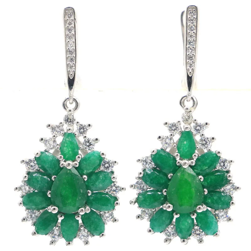 40x18mm Jazaz 9.8g Real Green Emerald Blue Sapphire White CZ Women Wedding 925 Solid Sterling Silver Earrings