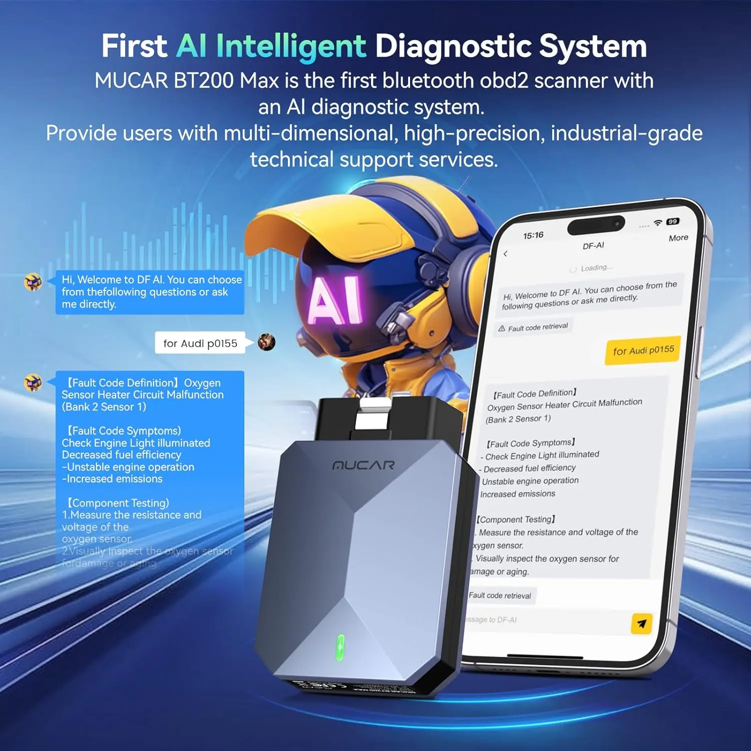 AI-Assisted OBD2 Scanner Bluetooth, ELM327 with Lifetime Updates, CANFD, 15 Resets, iOS & Android