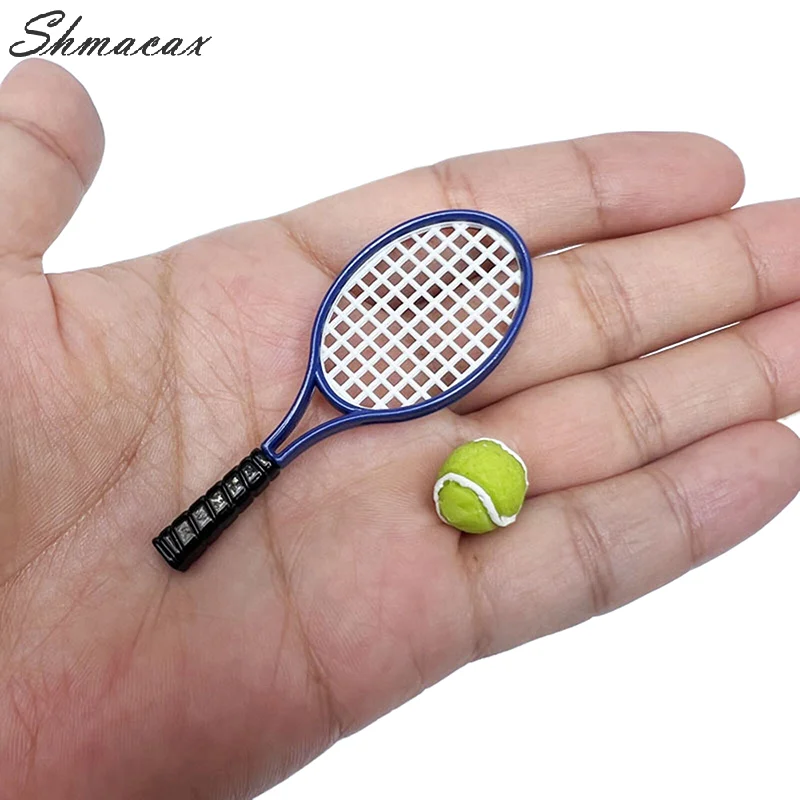 1/6 1/12 Dollhouse Mini Simulation Tennis Racket And Ball DIY Accessories Plastic Miniature Tennis Racket Sport Tennis Model