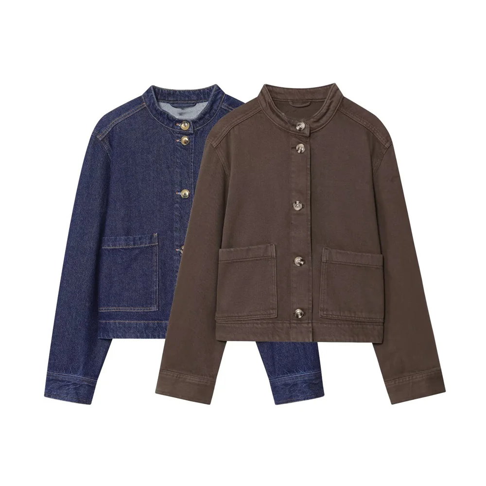 

women's casual temperament stand up collar, single breasted long sleeved pocket decoration denim jacket jacket