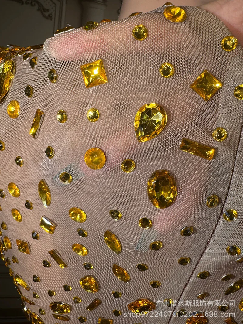 Luxo ouro diamante sexy malha temperamento vestido adulto modelo passarela roupas da moda empresa reunião anual vestido de noite vestito