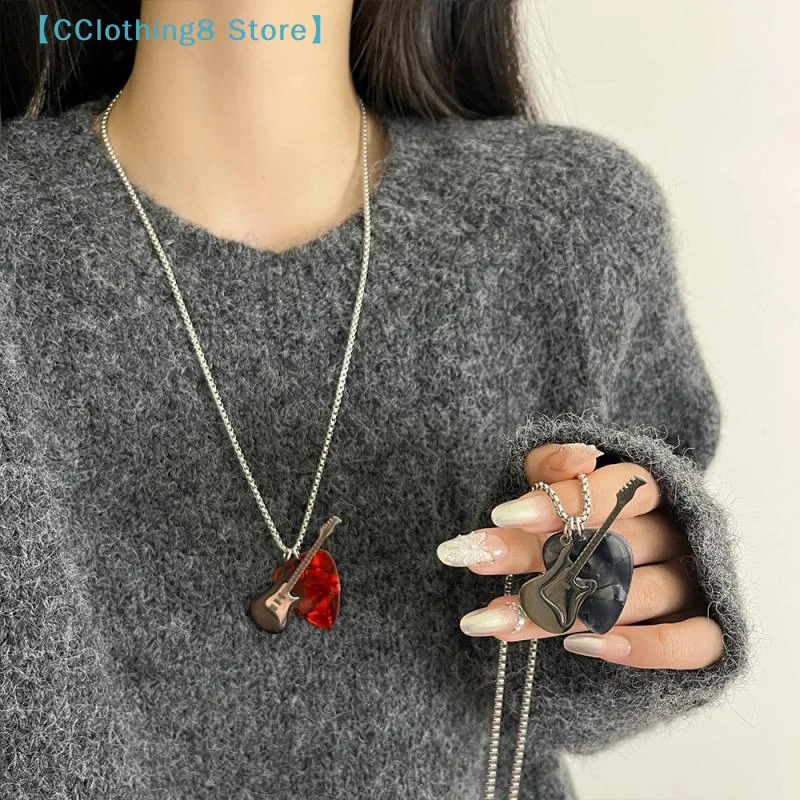 Hip-hop Guitar Pick Pendant Necklace Punk Titanium Steel Guitar Chain Choker Trendy Electric Guitar Sweater Chain Boys【AliS8】