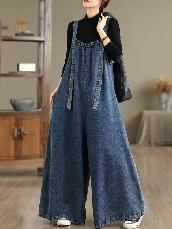 Washed Casual Denim Jeans plus Size Women's Tummy Covering Anti-Aging Overalls Slimming Versatile Loose Legged Pants