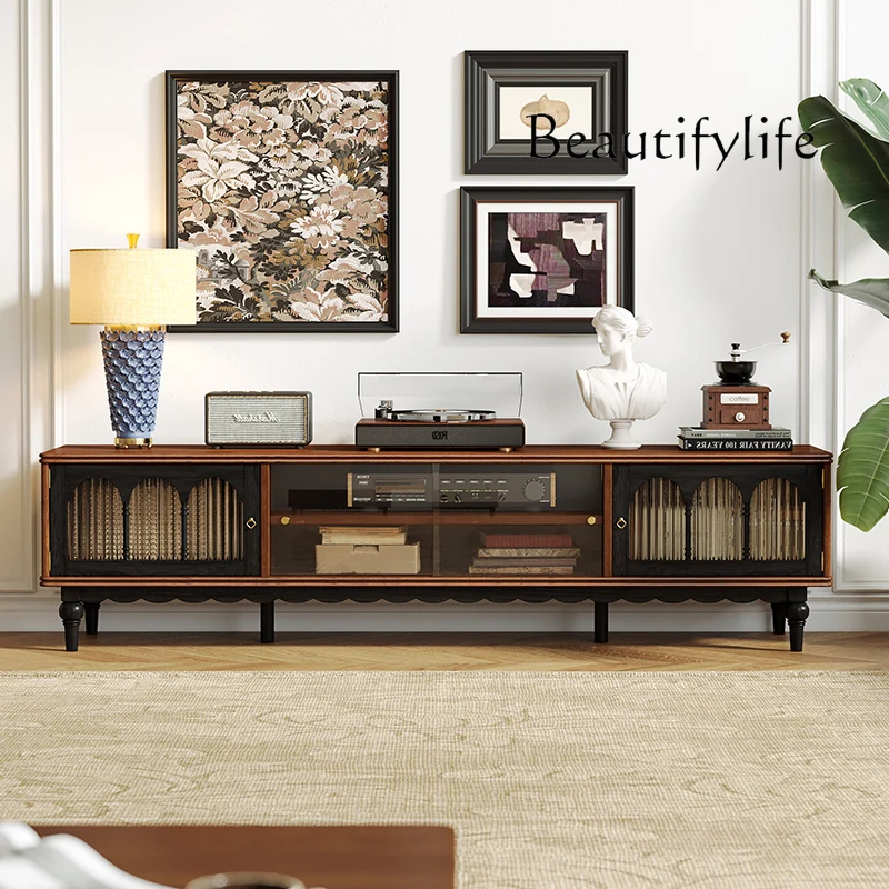 

French retro style all solid wood coffee table combination small apartment living room simple floor TV cabinet