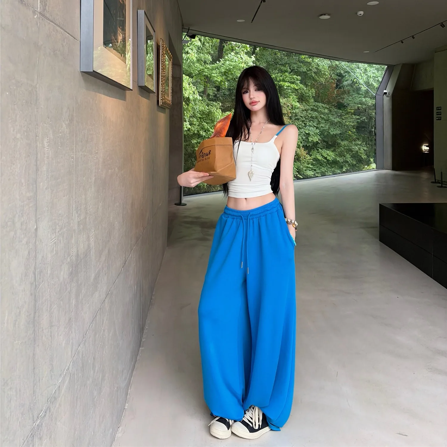 

Summer Lazy Style Wide Leg Pants Women's Loose Casual Two-Piece Set V-Neck Sleeveless Crop Top And Long Pants Ensemble
