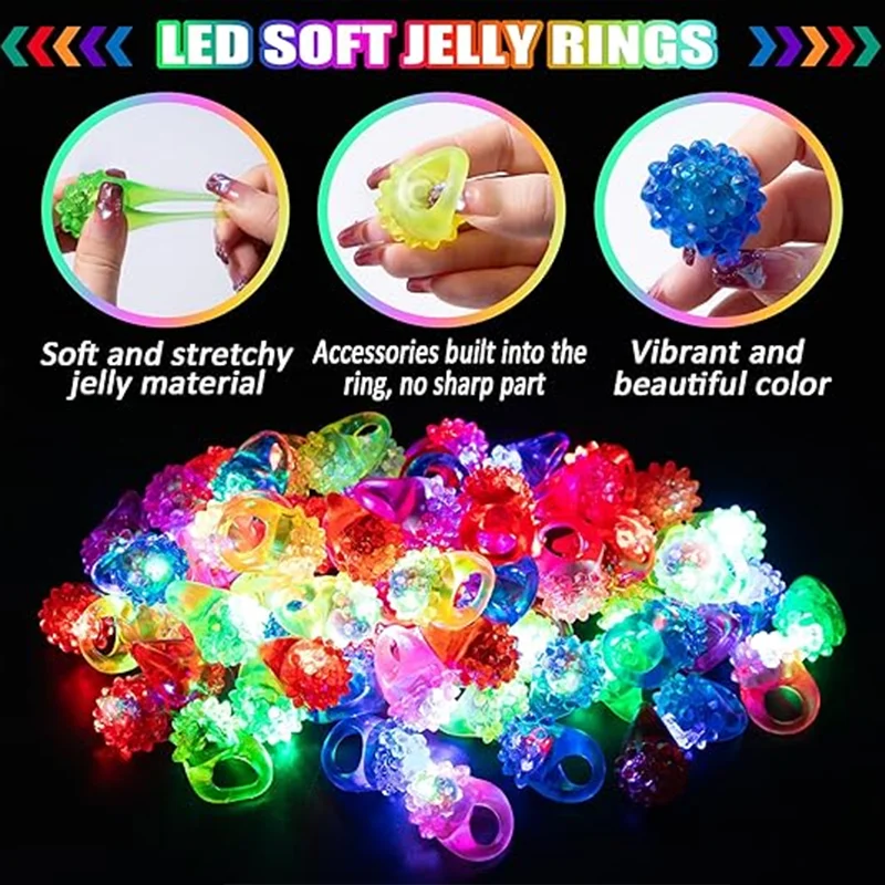 BTJ Colorful 12pcs  LED Light Up RingS - Colorful Flashing  Rings Finger Toys Novelty Glow in the Dark Soft Jelly Blinking Rings