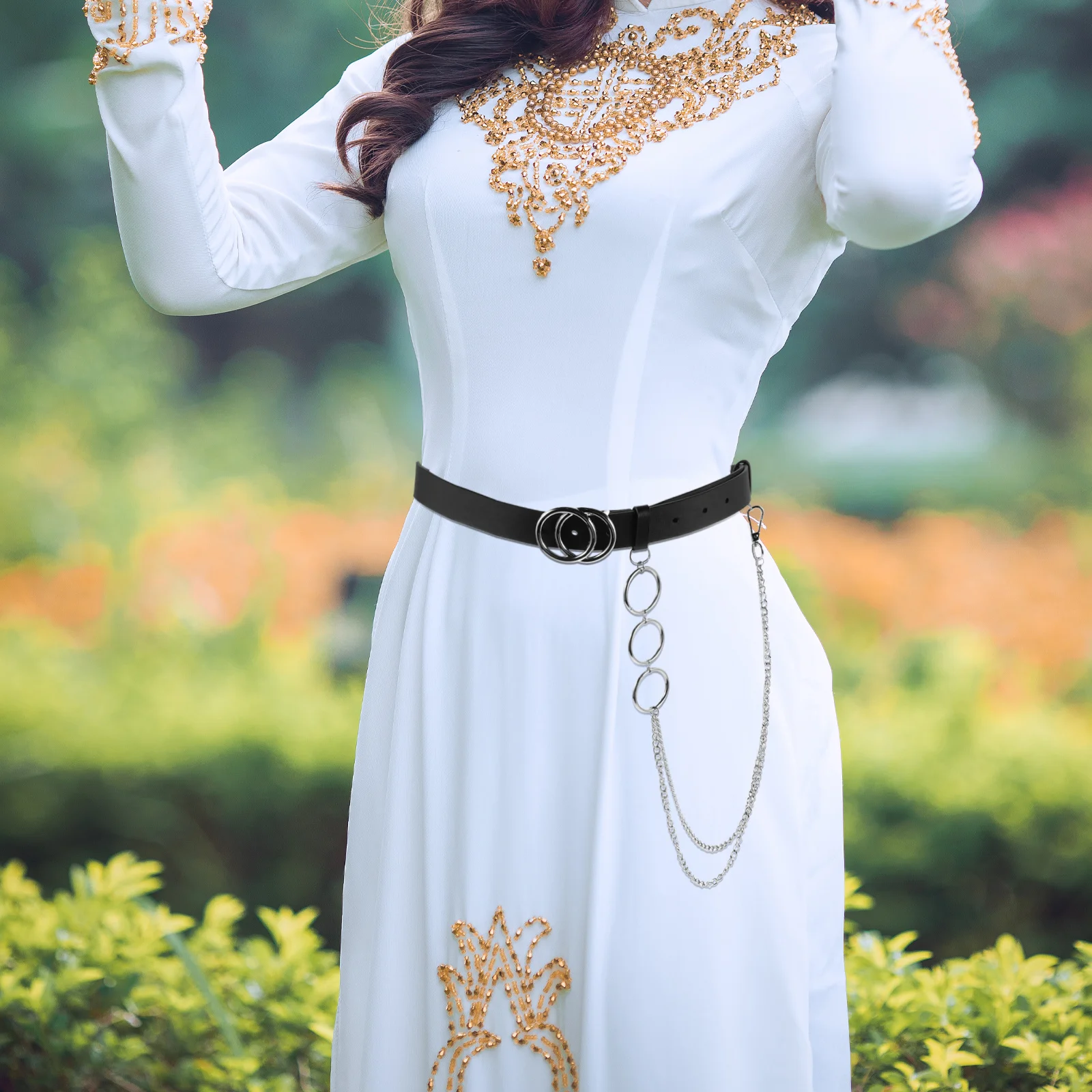 

Black Waist Belt Women Double Ring Buckle Punk Chain Belt Adjustable For Jeans Dresses Skirts Pants Goth Rocker Party