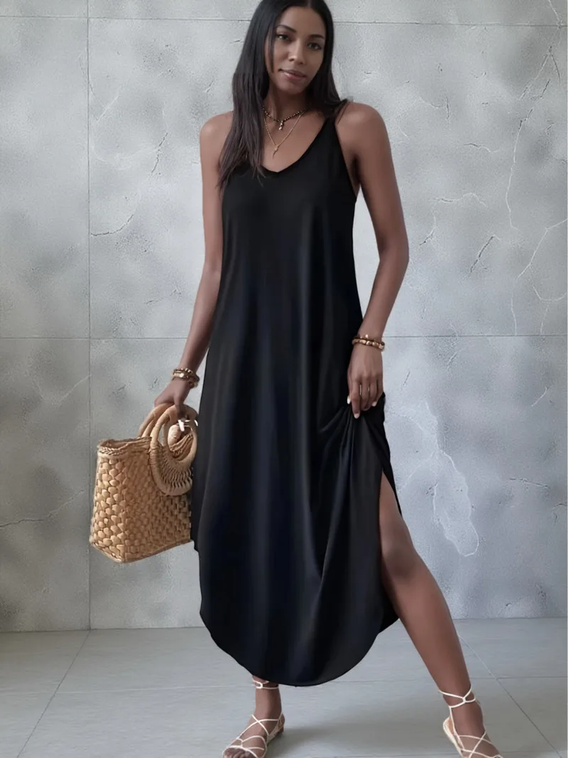 Abito a canotta con orlo curvo tinta unita, abito maxi ampio con cinturino per spaghetti senza maniche sexy, abbigliamento da donna Abiti Top OR23