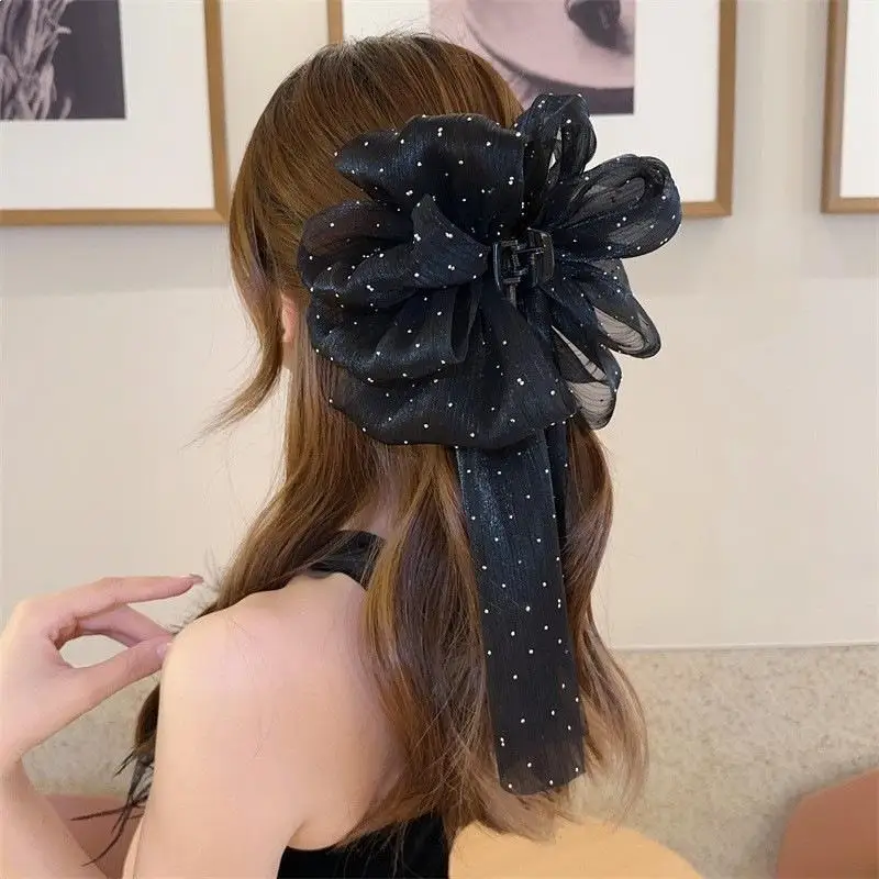 1 Stück Four Seasons Vintage Sparkle Bow Haarklammer, geeignet für Party/Datum, Netzstoff mit glitzerndem Strass-Design für sicheren Halt des Haares – Detail 3