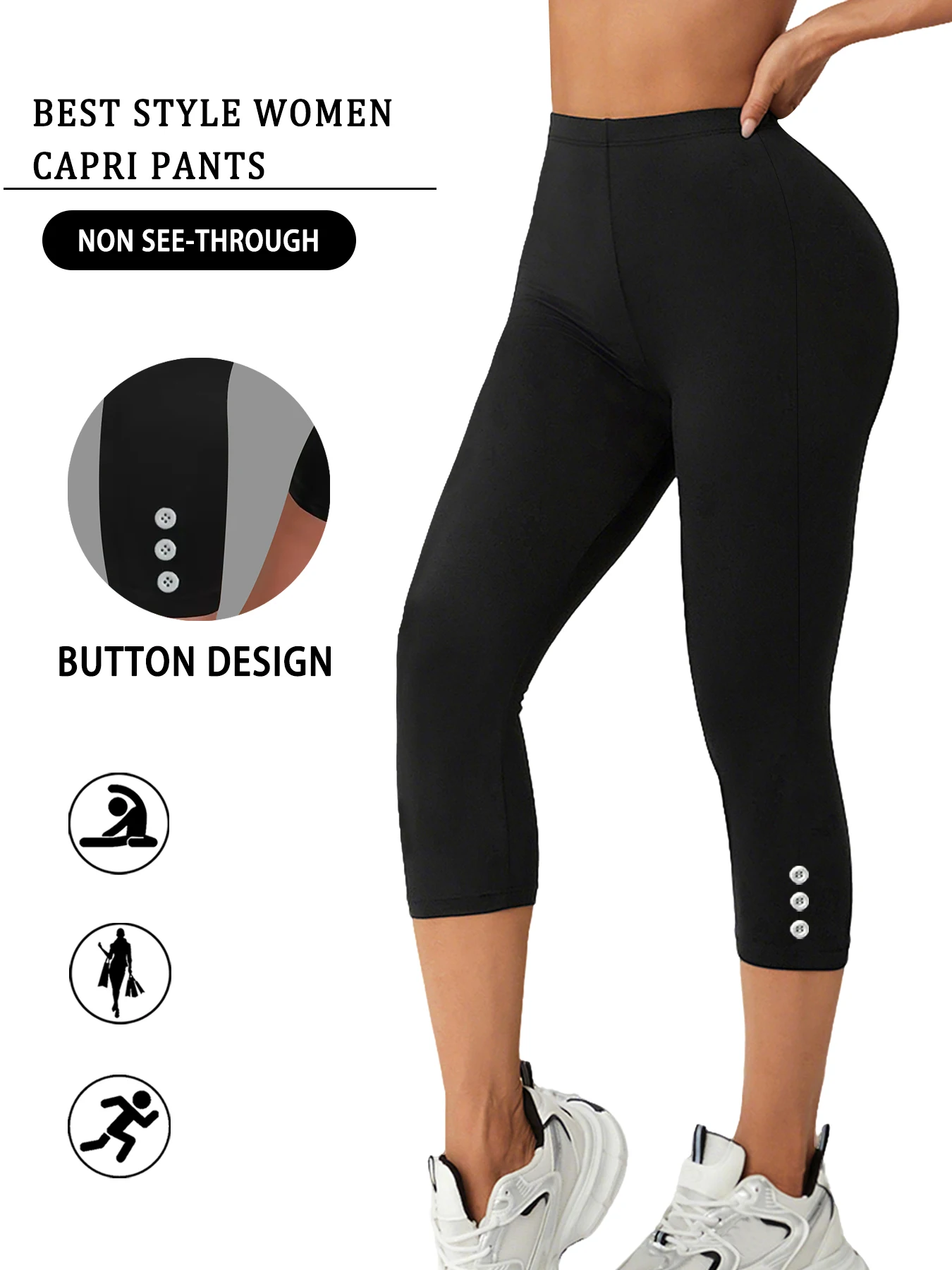 

Women's Super Soft Capri Pants With Side Button Detail, No See Through Workout Running Yoga Athletic Leggings