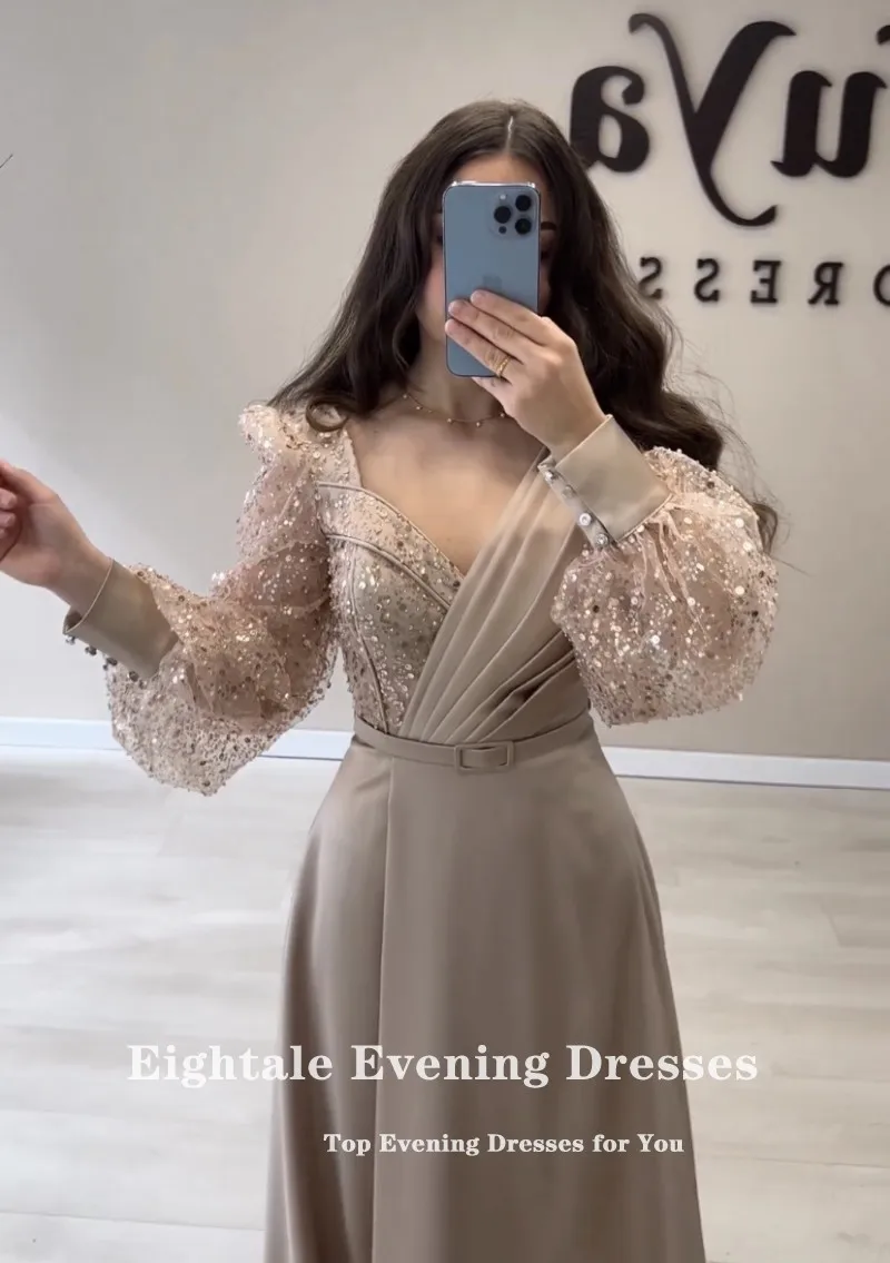 Eightale Champagne Evening Dresses Long Sleeves Sweetheart Glitter A-Line V-Neck Customized Prom Party Gown vestido de fiesta