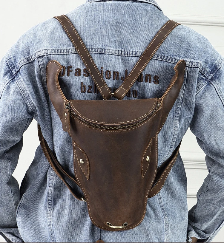 Lawaia Bull Head Backpack Cowhide Fashionable Bag with Retro Design Cowboy Unique Leather Pack for Man 29-20cm