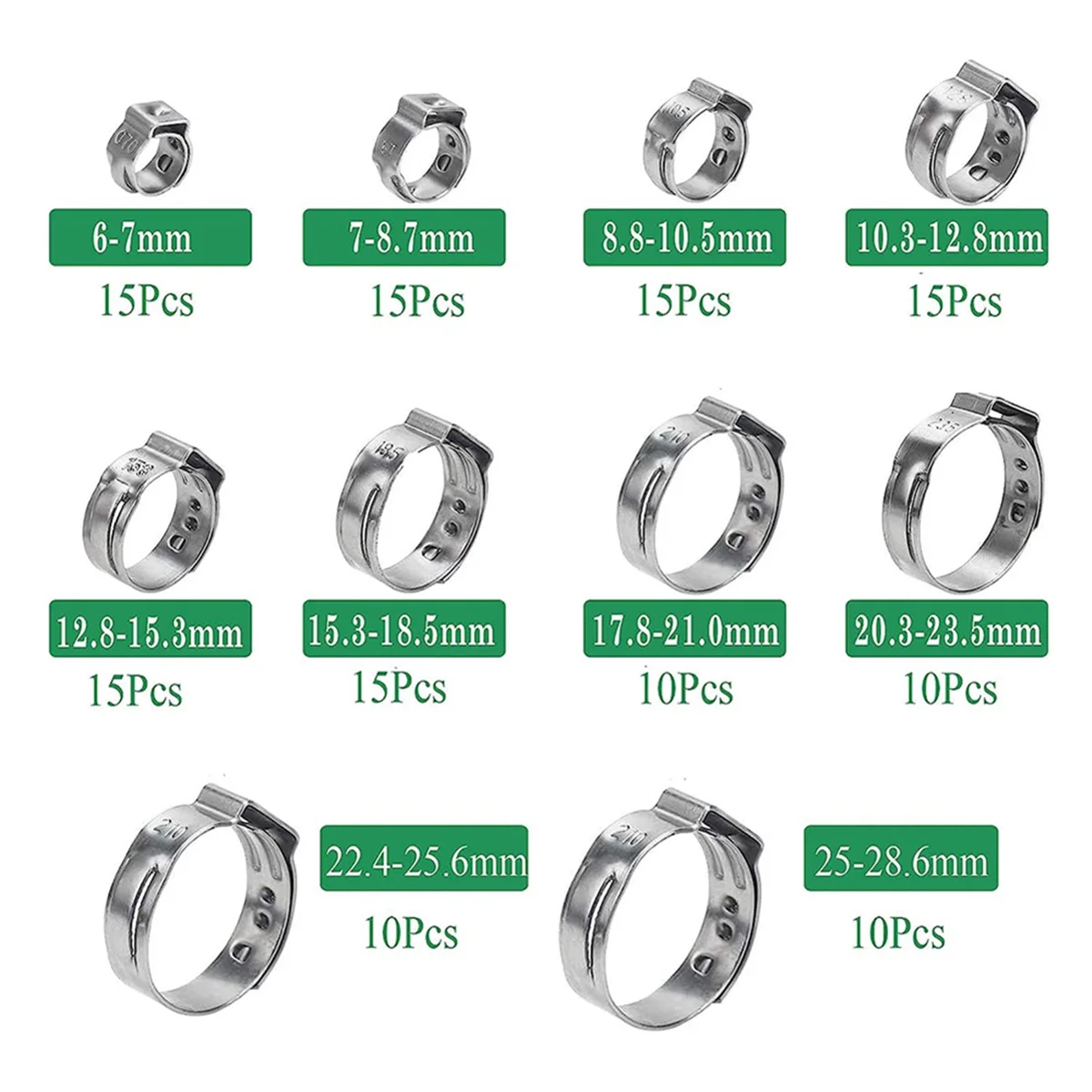 131PCS Single Ear Hose Clamps, Stainless Steel PEX Clamps, Stepless Clamps for Pipe Fittings, Compression Ring Clamps