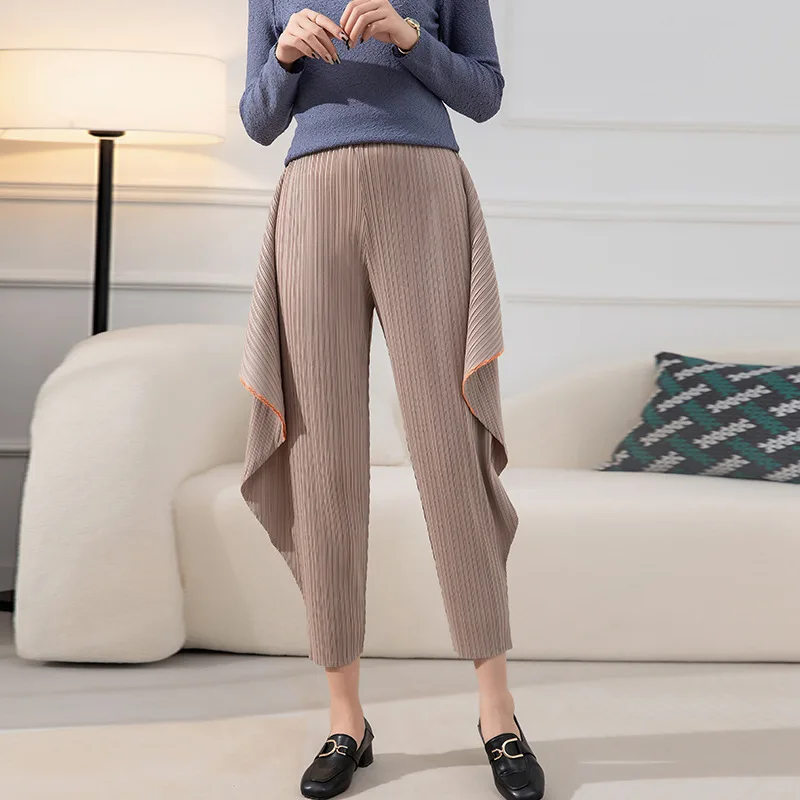 Thin haren pants for women Miyake Pleated Spring new fashion loose large size leisure high waist thin fan two straight leg pants