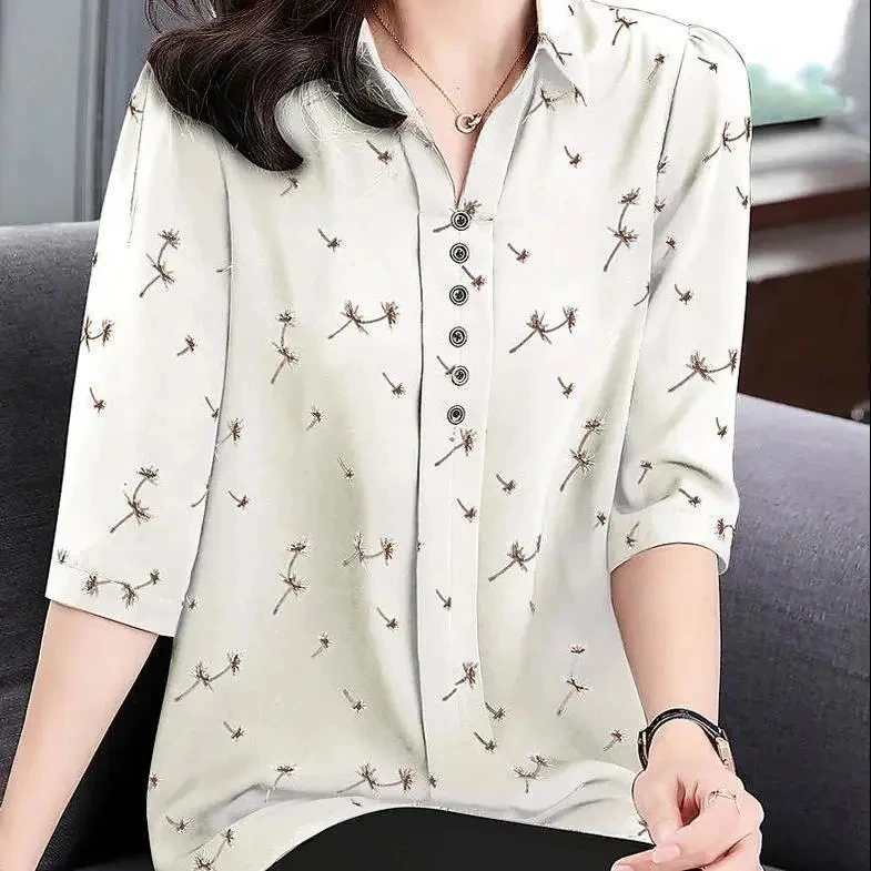 Casual Vintage Printing Button Chiffon Shirt Zomer 2023 Polo-Hals Half Mouw Losse Oversized Truien Blouse Vrouwen Kleding