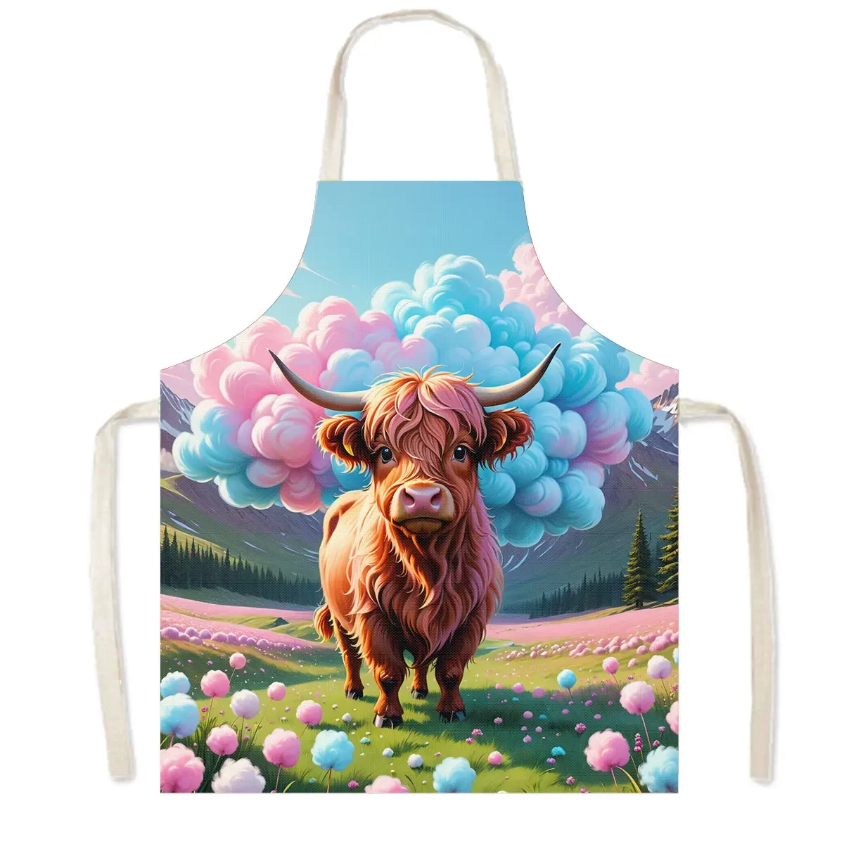 Cute Animal Highland Cow Print Cooking Apron Women Men Baking Home Cleaning Clothes Aprons Chef Waiter Barber Pinafore Gift