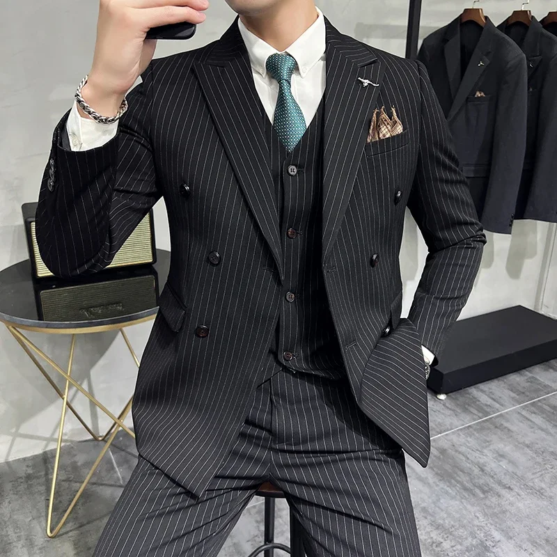 2023 Fashion New Men's Boutique Business Slim Wedding Striped Double Breasted Suit Blazers Jacket Pants Trousers Vest 3 Pcs Set