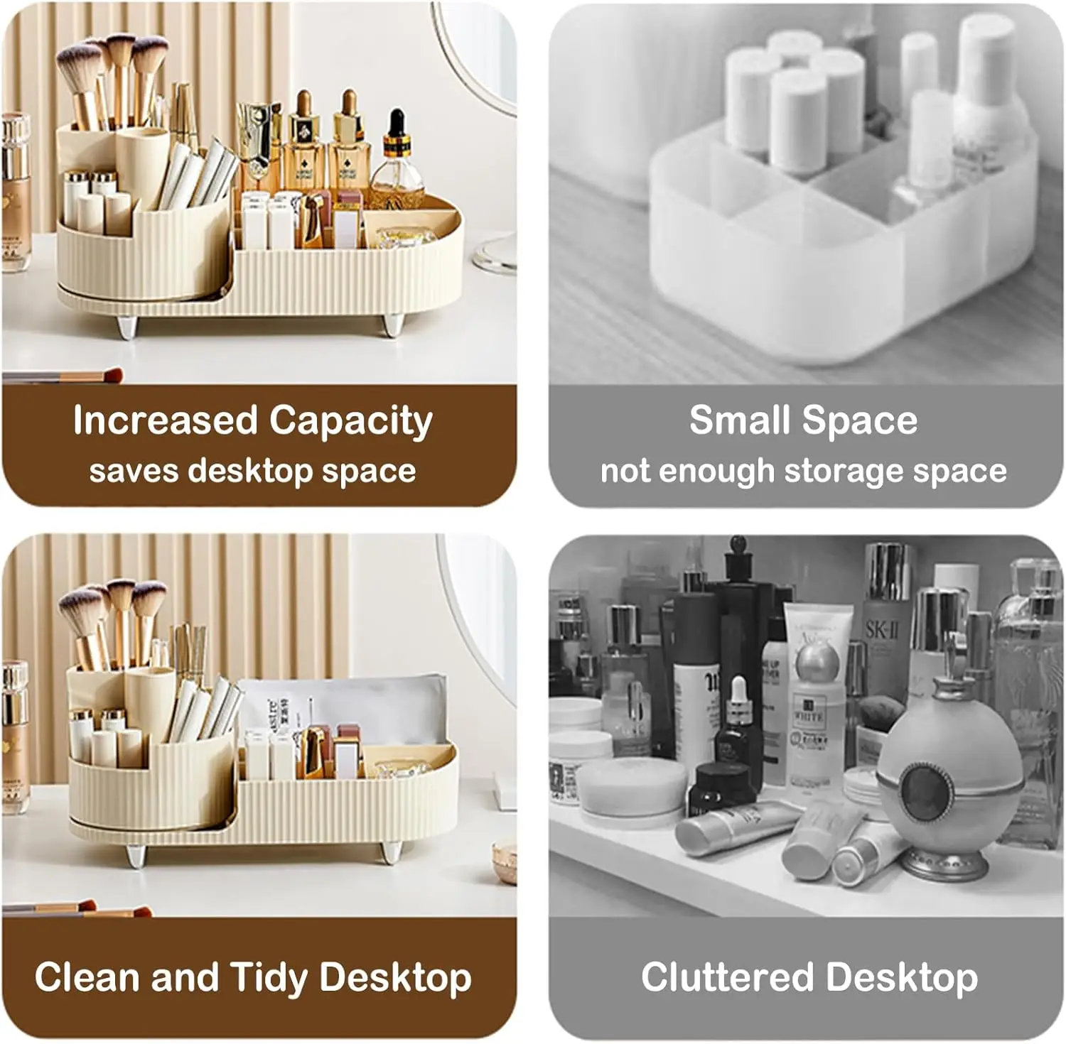 360 °   Organisateur de maquillage rotatif avec porte-brosse, grand rangement de cosmétiques rotatif pour les soins de la peau, les parfums et les lotions