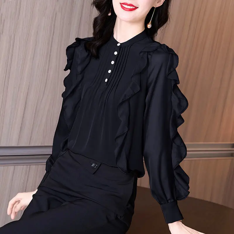 Ruffle Elegant Chic Office Lady Commute Black Shirts Spring New Fashion Stand Collar Long Sleeve Top Blouse Women Blusas Clothes