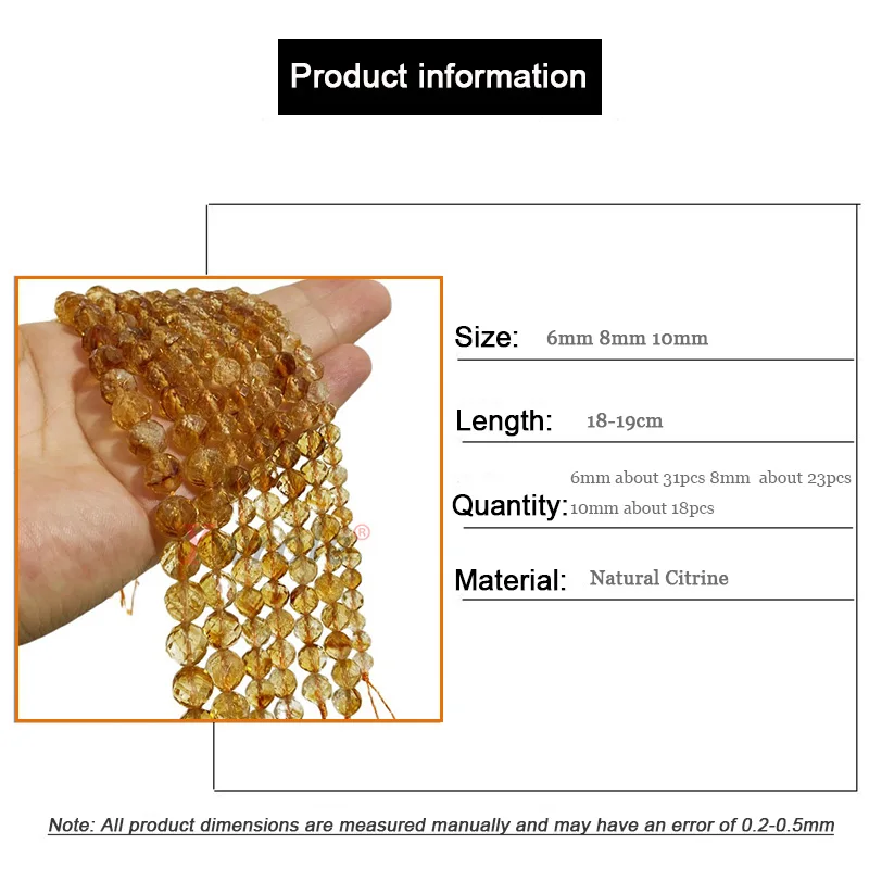 Natural Stone Faceted Citrine Crystal Loose Gem Round Spacer Beads For Jewelry Making DIY Bracelet Handmade Accessories 6 8 10MM