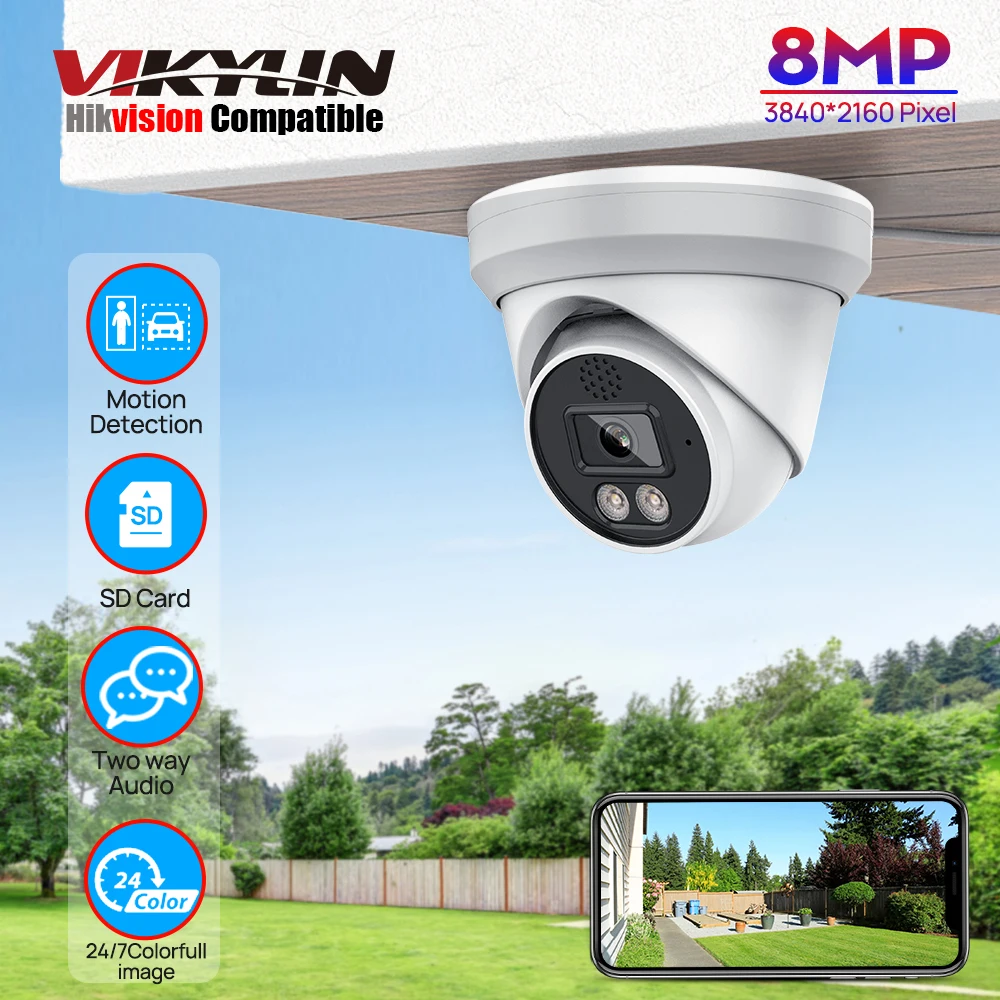 Vikylin 6/8MP 4K Full-Color Night Vision IP POE Camera Home & Outdoor Video Surveillance MD2.0 Two-Way Audio ONVIF Compatible