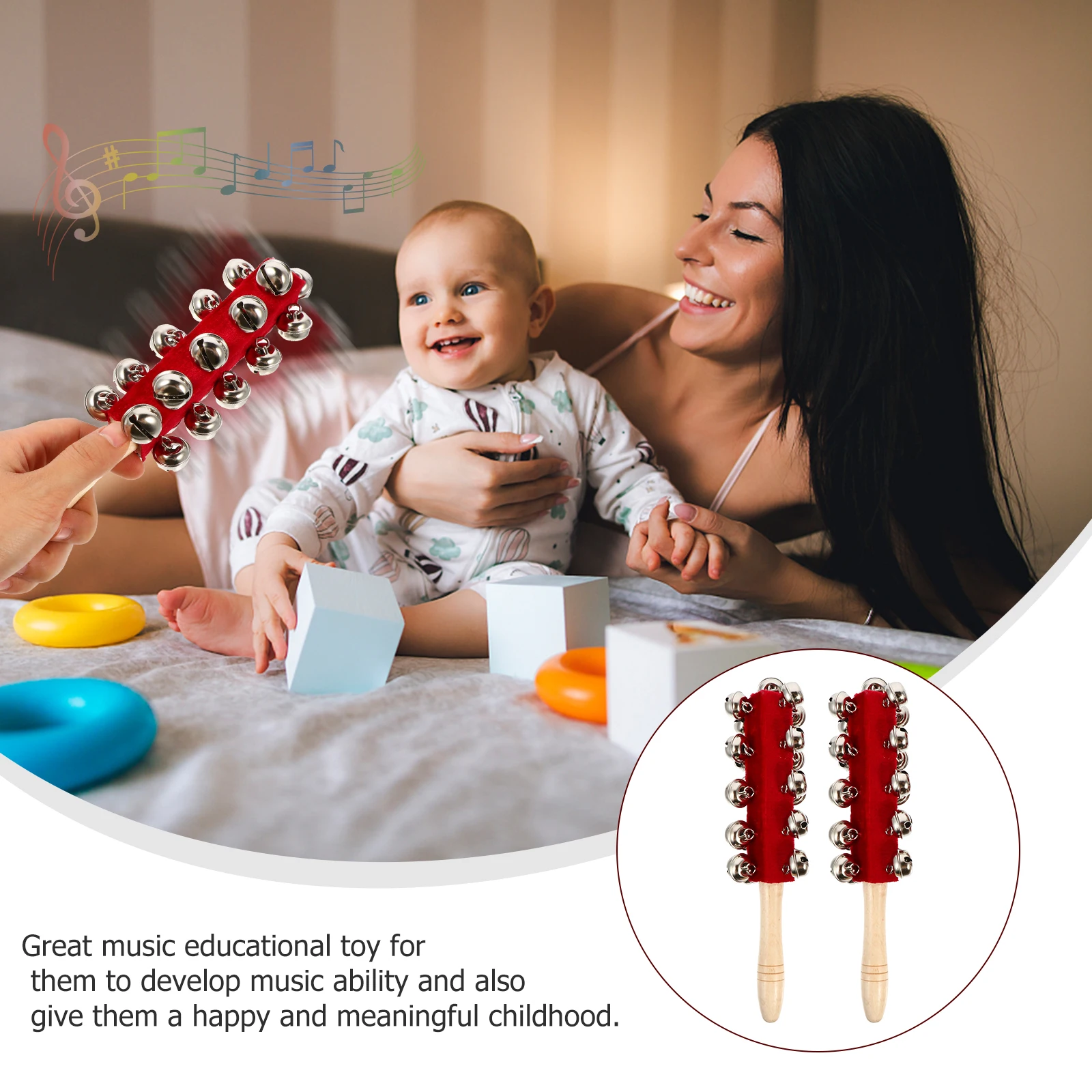 2pcs Hand Bells Red Cloth Toddler Musical Instruments Kids Percussion Toys Jingler Sticks Safe Rhythm Educational