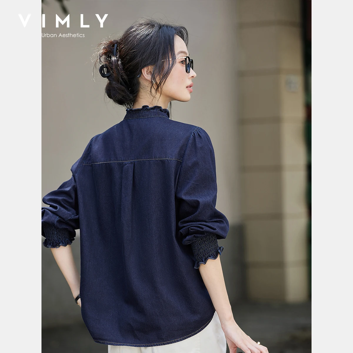 VIMLY 여성 데님 블루 셔츠 2025 가을 100% 코튼 긴 소매 숙녀 블라우스 스탠드 칼라 느슨한 프릴 커프스 셔츠 A2112
