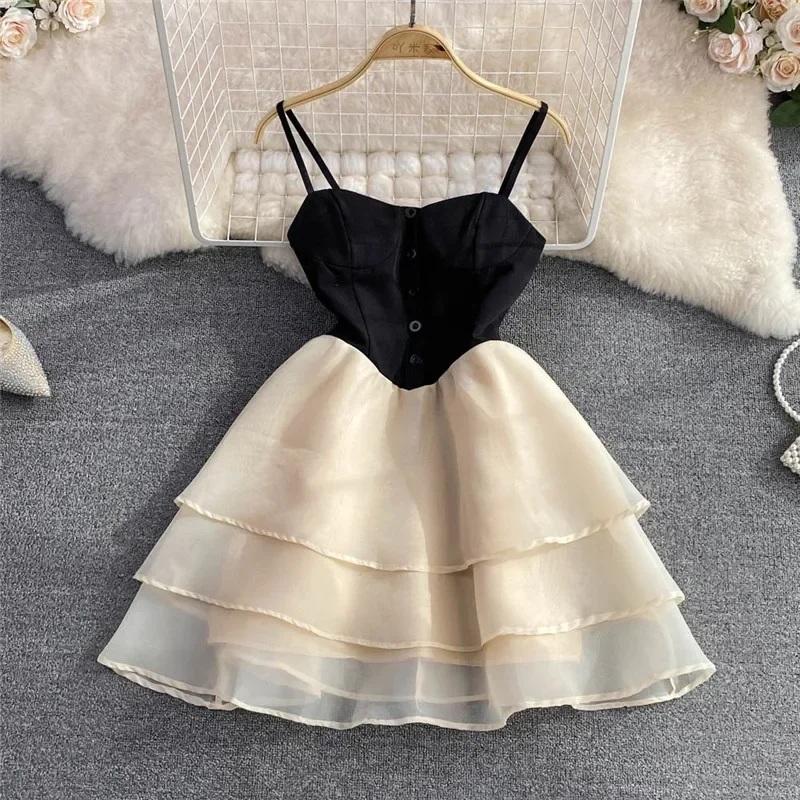 

Summer Sexy Girl Slash Neck Strap Dress Sleeveless Suspender Mesh Stitching Mini Dress Small Girl A Line Puffy Princess Dress