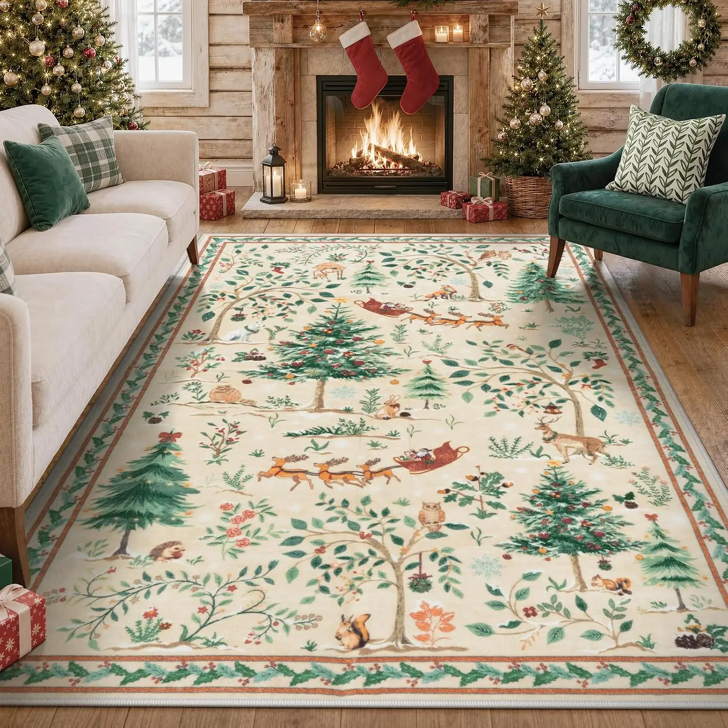 Large 10x12 Christmas Area Rug Beige Santa Tree Carpet Washable Non Slip Low Pile Throw Rug for Office Home Decor