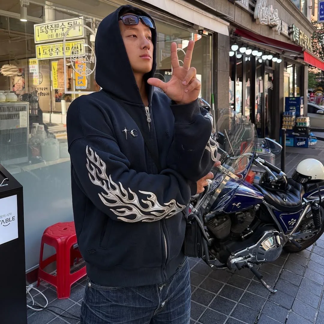 

Thug Club vintage style destructive flame logo embroidery patchwork zipper hoodie coat trendy