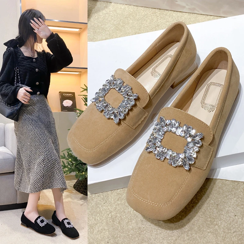 

New Satin Cloth Flats Shoes Woman Basic Sequined Rhinestones Crystal Diamond Buckle Flats Fashion Bridal Shoe Work Women Shoes