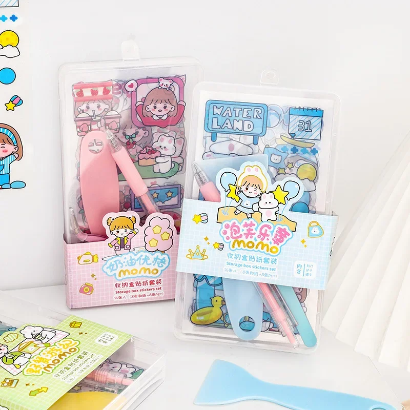 8pcs Ins Scrapbook Tool with Storage Box Straight Elbow Tweezers Utility Knife Mini Base Plate Shovel Sticker Set for Diary Tool