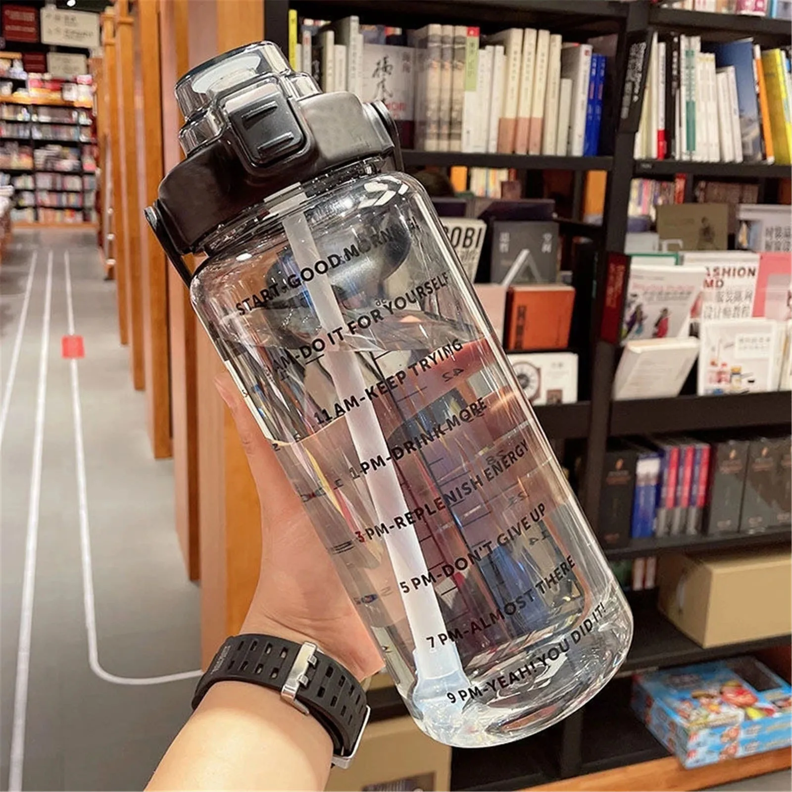 

2l Sports Straw Water Bottle With Stickers Portable Large Capacity Fitness Bike Cup Summer Ice Cold Water Jug With Time Marker