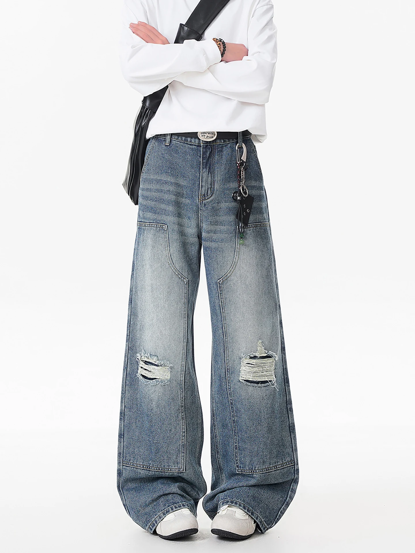 

Boyue American Retro High Street Denim Jeans Men Women Waed Hole Design Casual Wide Leg Pants ex Hole Jeans