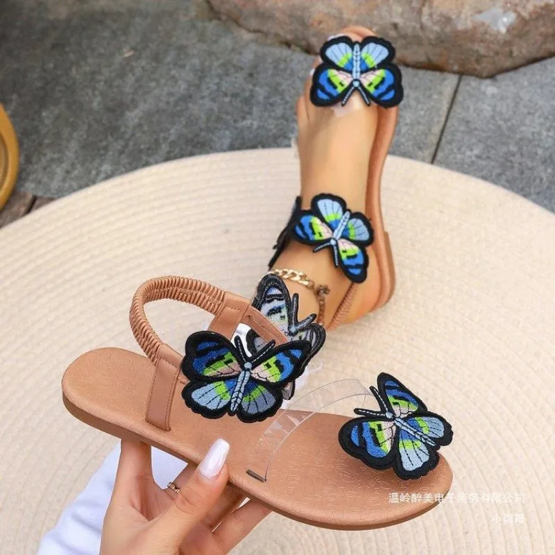 2024 Summer New Bohemian Flat Slippers Wearing Ethnic Style Butterfly Toe Beach Sandals for Women Size 43