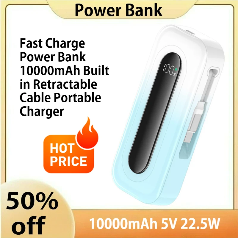 

22 5W Fast Charge Power Bank 10000mAh Built in Retractable Cable Portable Charger