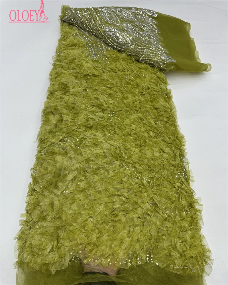 

OLOEY African Beads Lace Fabrics 5 Yards High Quality 3D Flower French Mesh Tulle Sequins Embroidery Wedding Party Bridal Lace