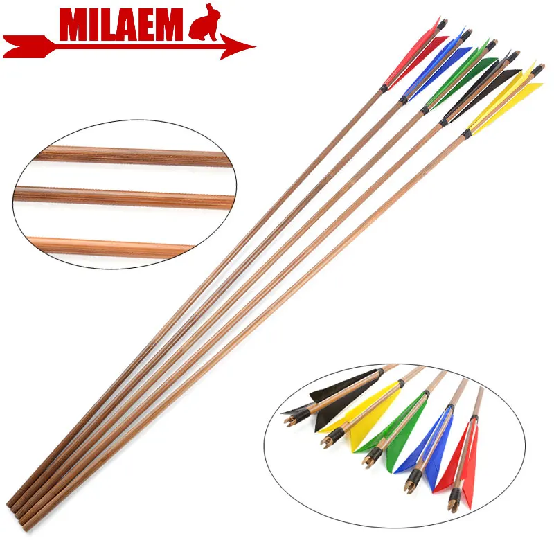 6/12pcs Archery Bamboo Arrows Shaft with 5inch Turkey Feathers Recurve Traditional Bow Hunting Shooting Accessories