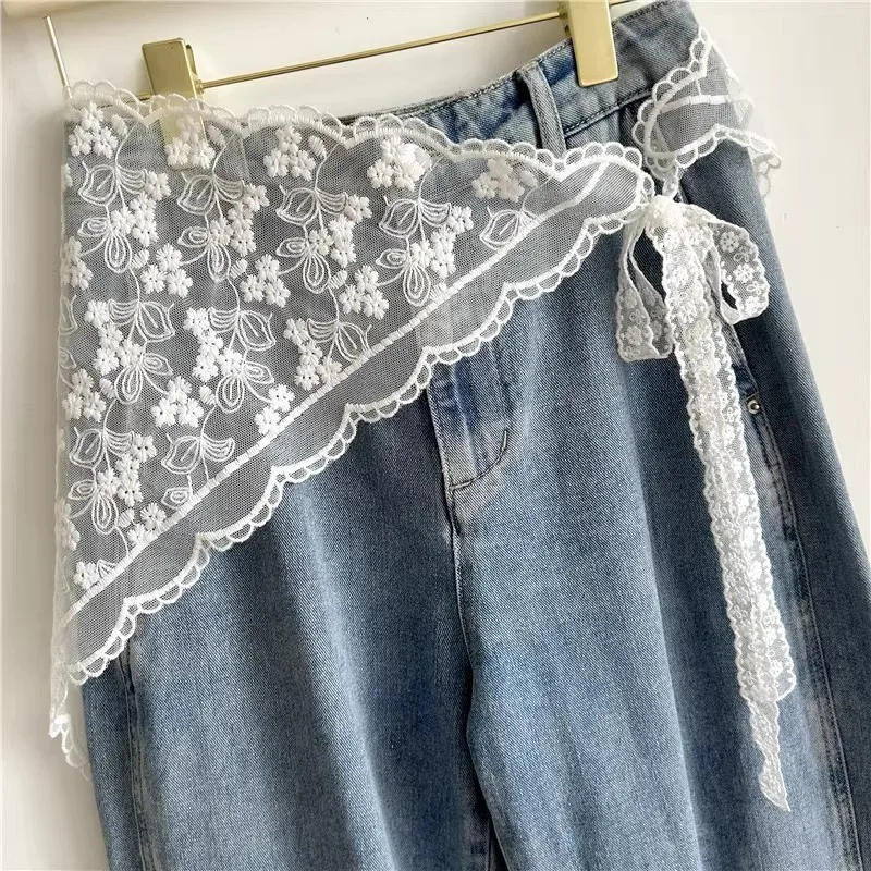 Sweet Sheer Floral Lace Wrap Apron Skirt Side Bow Tie Irregular Mini Over-skirt Denim Pants Headscarf Outfit Versatile Accessory view 2