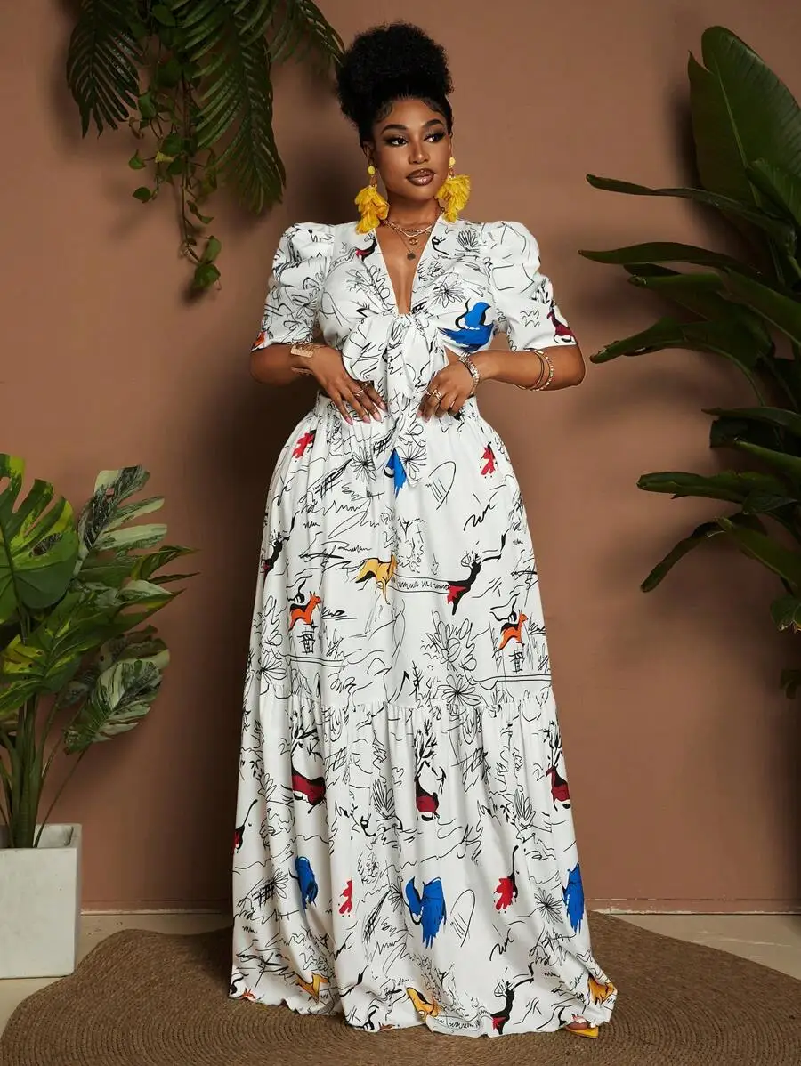 

Белое макси-платье с ручной росписью животными и цветами, завязками спереди и пышными рукавами