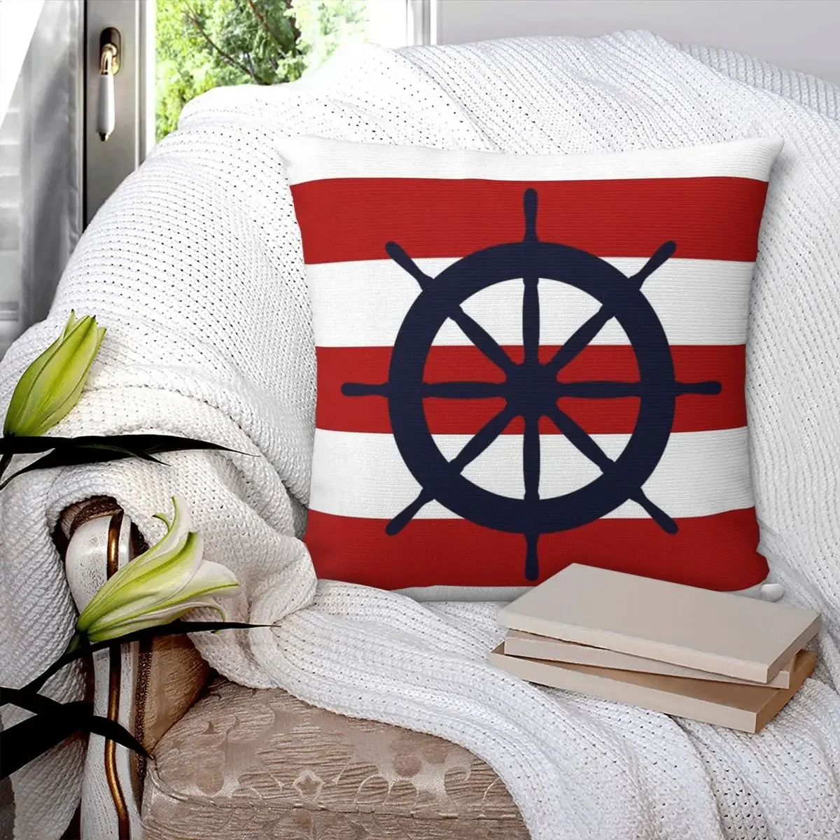 Nautical Navy Blue Ship's Steering Wheel On Red Stripes Pillowcase Cushion Comfort Throw Pillow Sofa Decorative Cushions Used