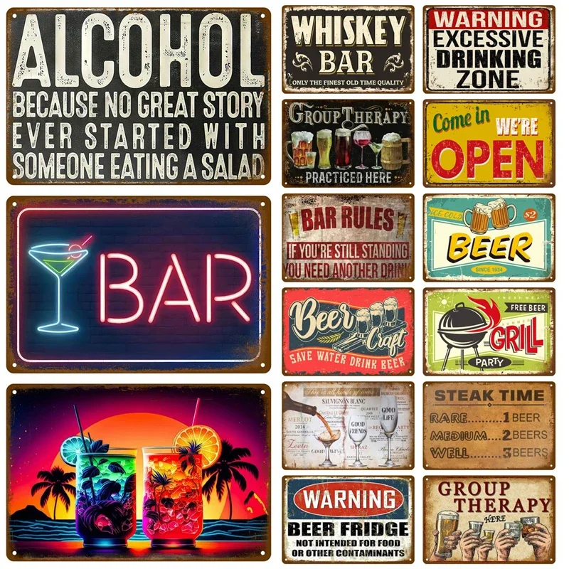 Plaque Murale Métallique Vintage en Étain pour Bière, Whisky, Vin, Alcool, Affiche Cocktail, Décoration Bar, Pub, Maison, Artisanat, Panneaux Muraux en Tôle