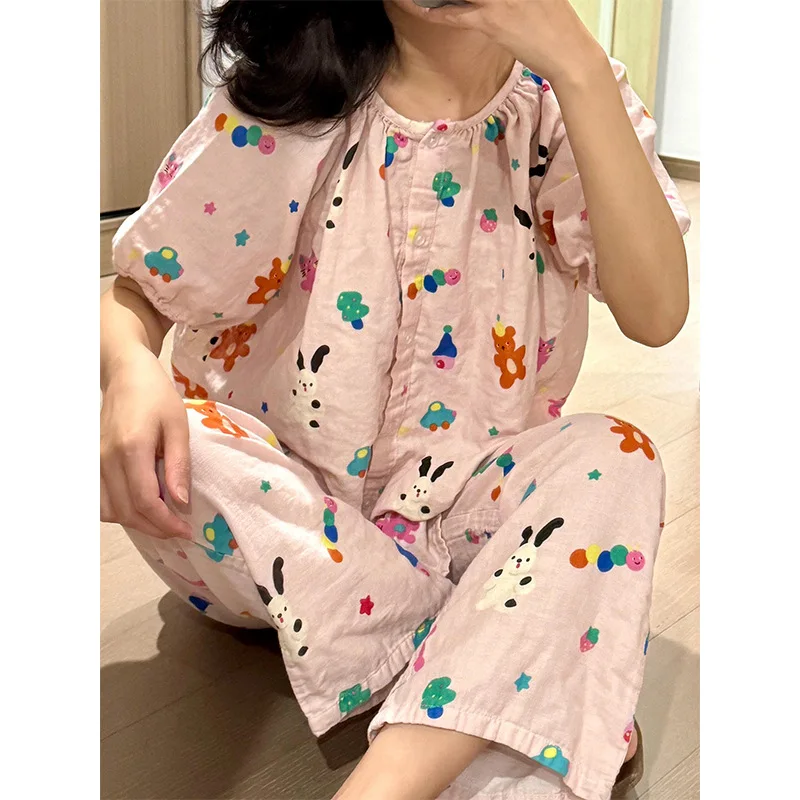 

Girl Sweet Cartoon Bear Print Short-sleeved Pajamas Women's Summer Casual Loose Cardigan Trousers Loungewear Can Be Worn Outside