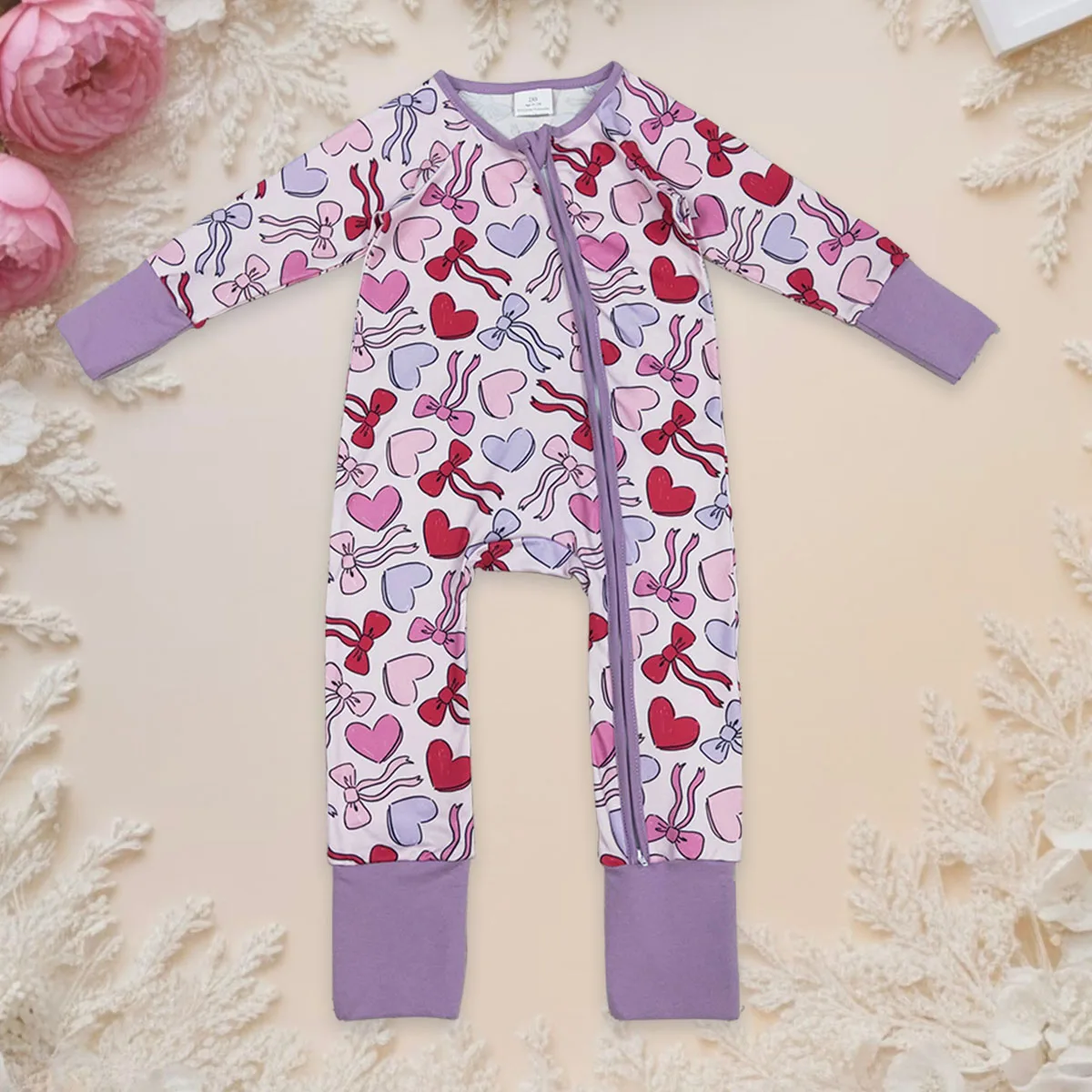 

Боди для новорожденных девочек на День Святого Валентина с сердечками и бантами с принтом двухсторонней молнии, комбинезон для сна, эксклюзивная одежда, одежда для младенцев
